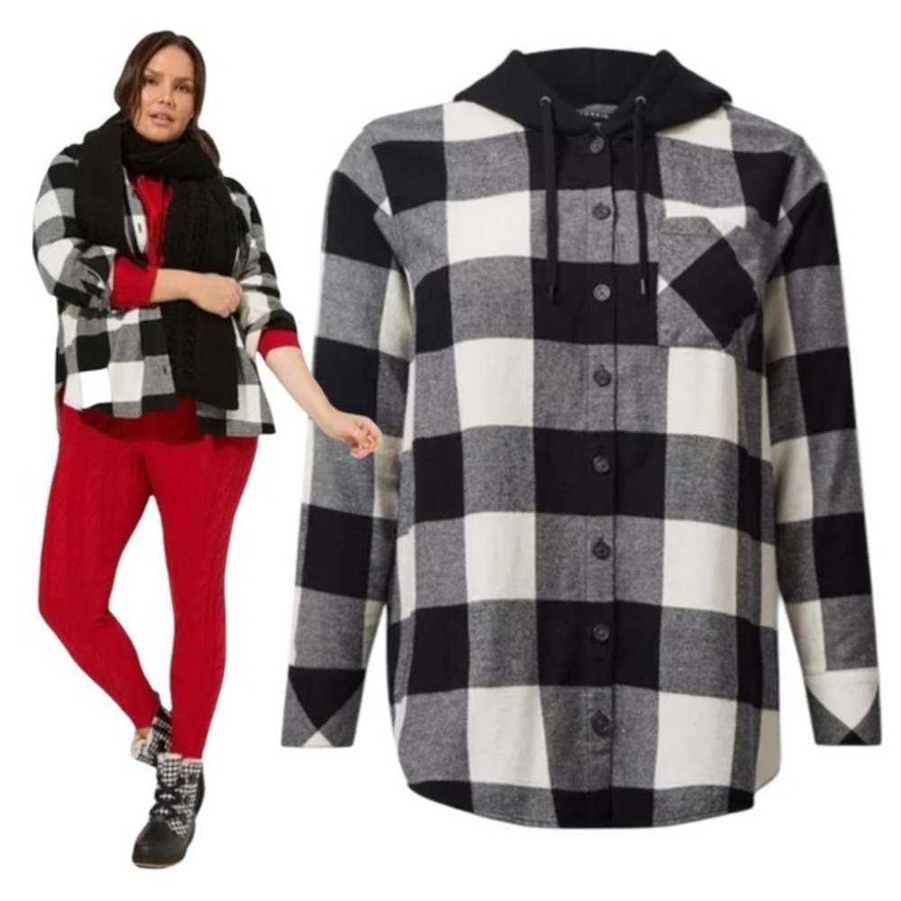 Torrid cotton flannel hoodie button up long sleeve Buffalo block plaid shirt 1x